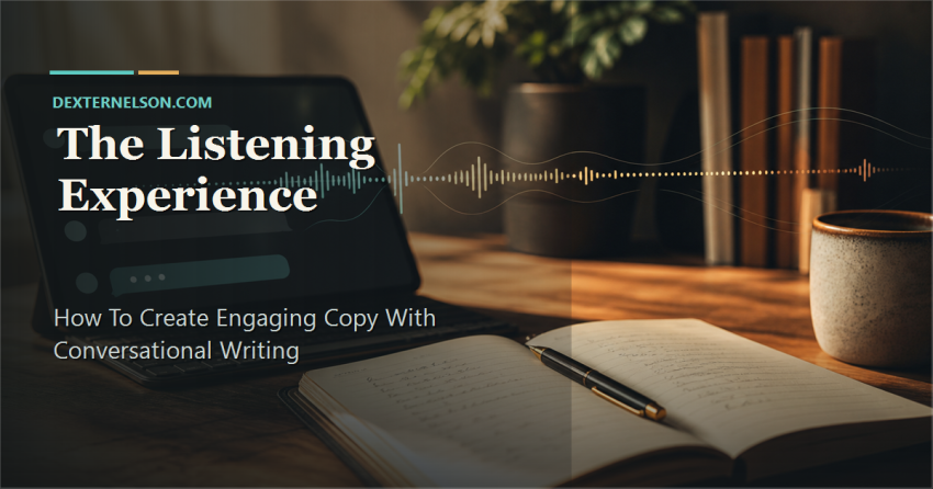 The Listening Experience feature image with the title over a writing desk and soundwave representing conversational copywriting