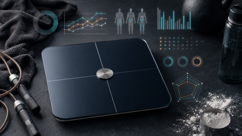 Smart scale with body composition charts representing a 32 percent body fat milestone and biometric tracking